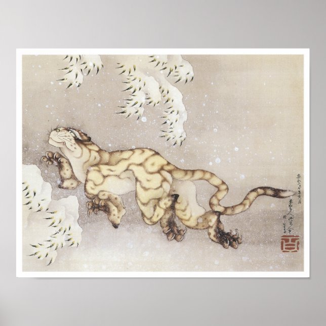 Poster Velho Tigre na Neve, Hokusai, 1849 (Frente)