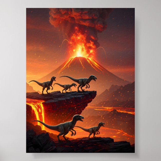 Poster Velociraptor está com um vulcão em ruptura (Frente)