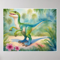 Velociraptor Watercolor Dinosaur NurserArt