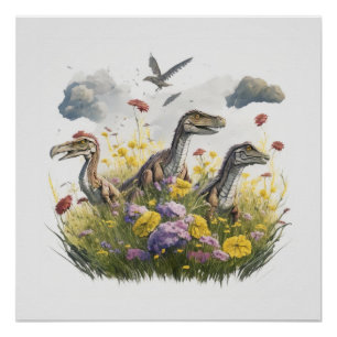 Póster Velociraptors em um Prado