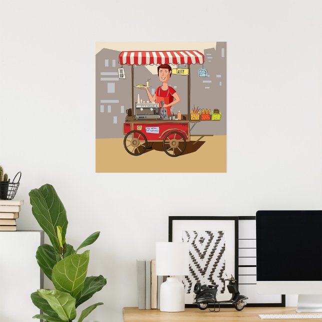 Poster Vendedor de Comida de Rua Sorridente Carrinho de C (Criador carregado)