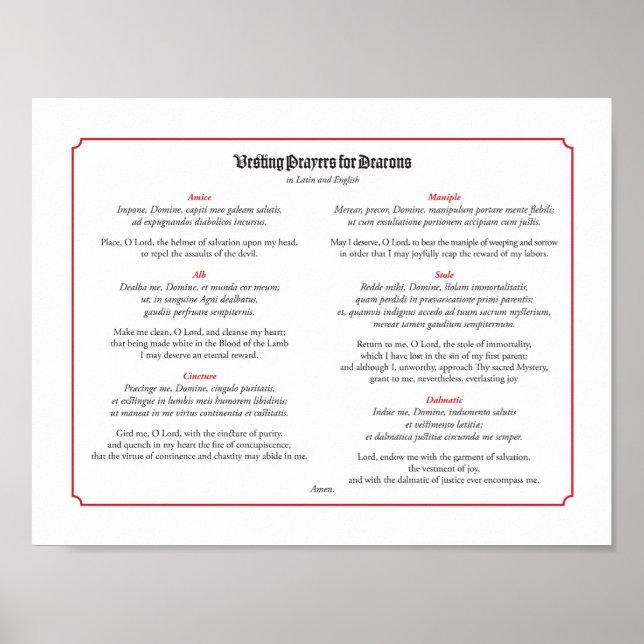 Poster Vendendo Orações para Deacons em Latim e Inglês (Frente)