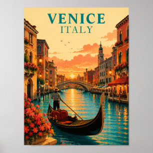 Poster Venécia Romântica Itália Pôr do Sol Gôndola Vintag