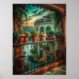 Poster Venetian Balcony Sunset Canal View Art