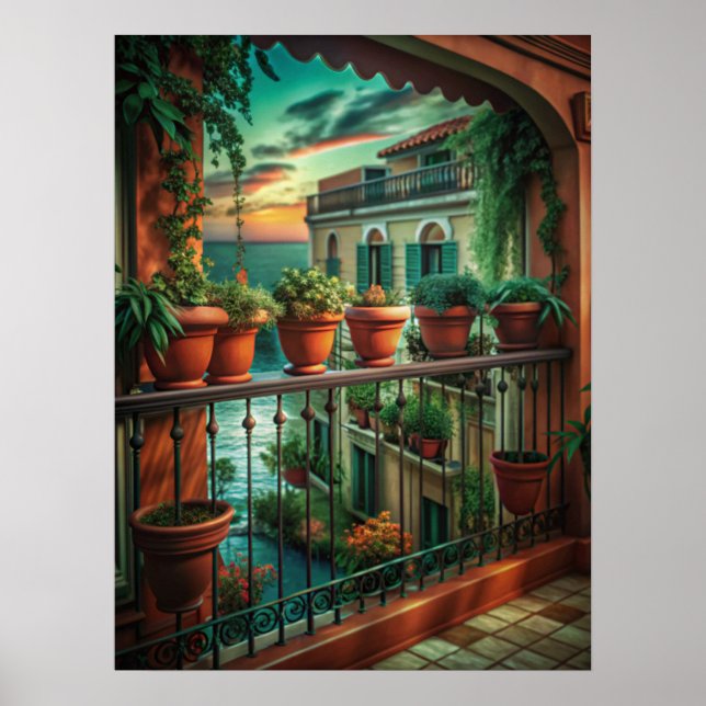 Poster Venetian Balcony Sunset Canal View Art (Frente)