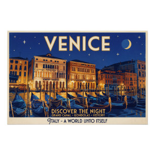 Póster Veneza à Noite Grande Canal Gôndolas Arte