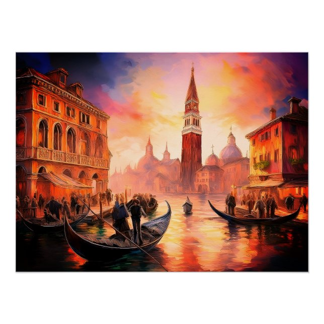 Póster Veneza em Fiery Sunset: Grande Canal e Gondolas | (Frente)