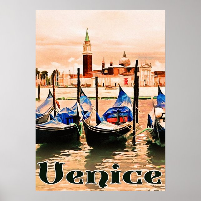 Poster Veneza, Itália, barcos no porto da cidade, viagem  (Frente)