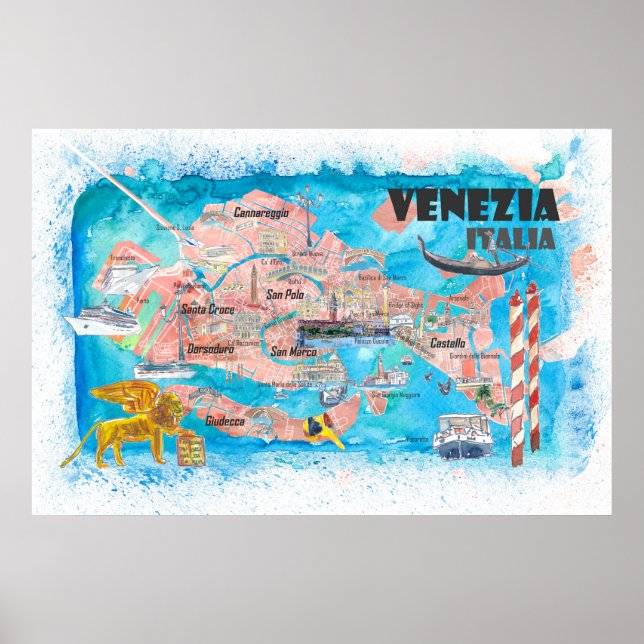 Poster Veneza Itália Mapa Ilustrado com Terras Canais Pri (Frente)
