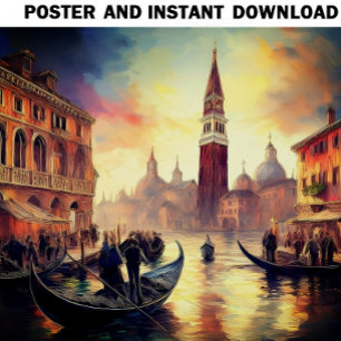 Póster Veneza no Sunset com Gondolas no Grande Canal