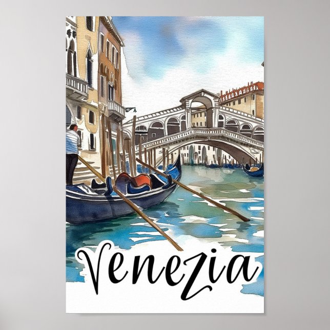 Poster Venezia Itália Watercolor Painting Viagem (Frente)