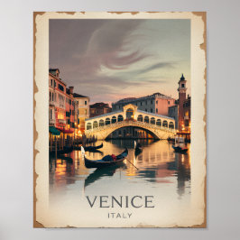 Poster Venice Italy Rialto Bridge Vintage Twilight Rustic