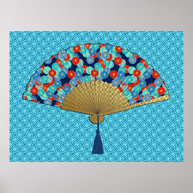 Poster Ventilador Deco - Flores em Cobalto, Turquesa e Ve (Frente)