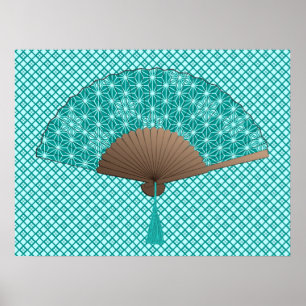 Poster Ventilador japonês em padrão Asanoha, Turquesa