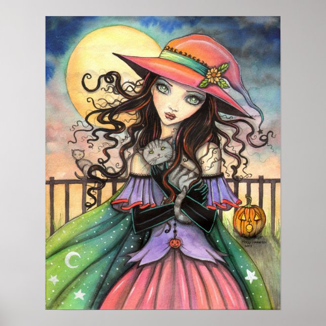 Póster Ventos da Fantasia de Halloween Bruxa e Gato Tabby (Frente)