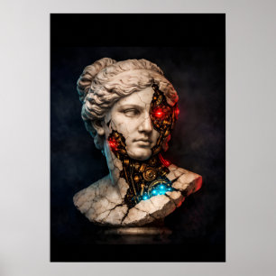 Poster Vênus Mecânica: Arte de Estátua Cyberpunk
