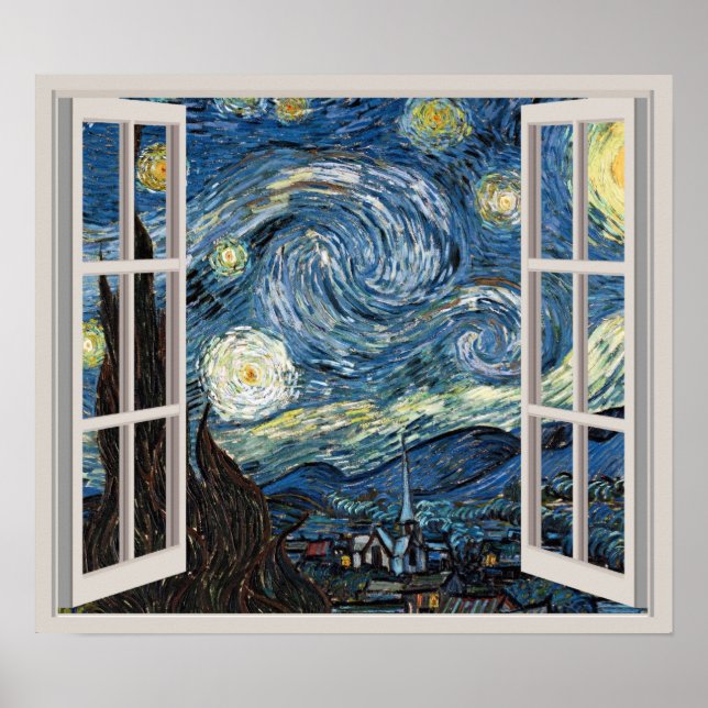 Póster Ver Através De Uma Janela Para StarNight Van Gogh (Frente)