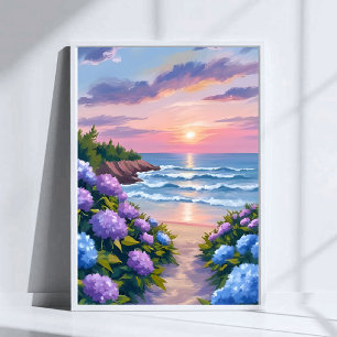 Poster Verão da Nova Inglaterra   Pintura de Praia de Hor
