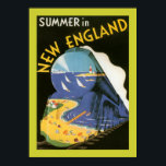 Póster Verão em Nova Inglaterra (fronteira)<br><div class="desc">Viagens vintage de poster promovendo o verão em Nova Inglaterra,  mostrando uma ilustração surrealista de arte deco de um trem a vapor e resort à beira-mar.</div>