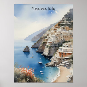 Poster Verão em Positano Itália Ilustração em Aquarela