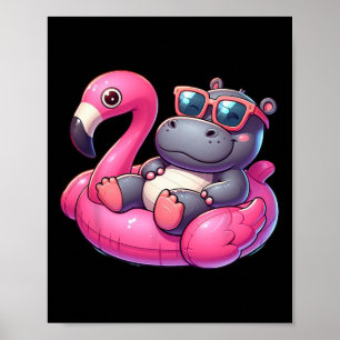 Poster Verão Engraçado Hipopótamo Rosa Festa de Piscina H