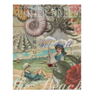 Póster verão praia vintage polvo antiguidades navegação