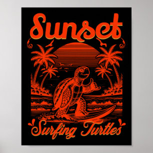 Poster Verão - Tartarugas Surfando ao Pôr do Sol