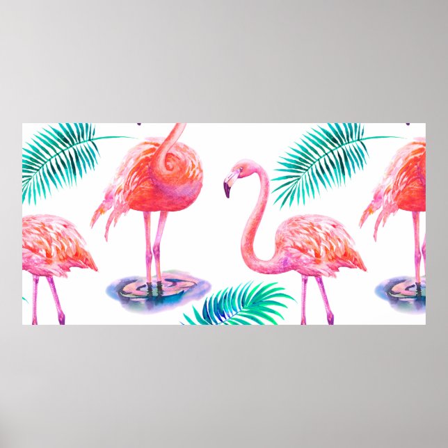 Poster Verão tropical com folhas de palma de flamingos e  (Frente)
