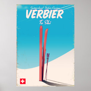 Póster Verbier, cartaz do viagem do esqui do vintage da
