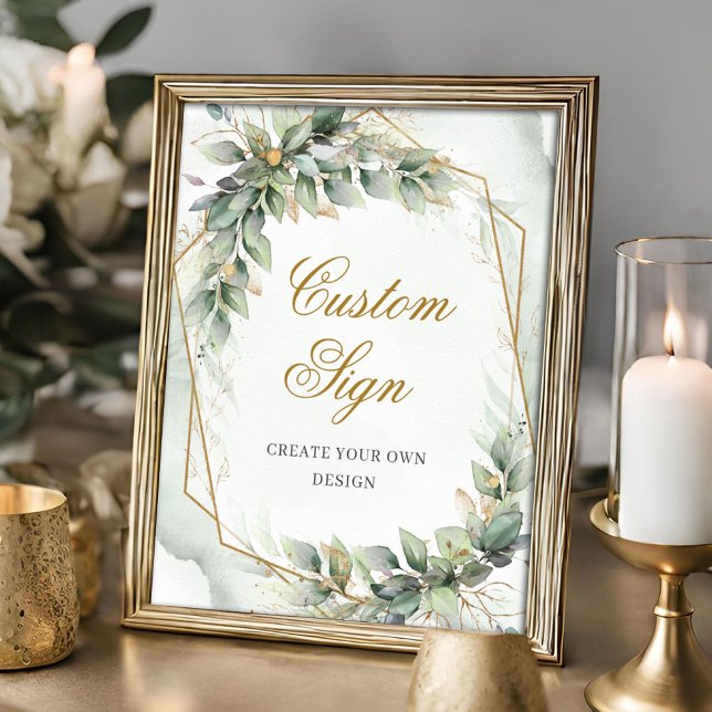 Poster Verde e ouro criam seu próprio Sinal Personalizado (Watercolor dusty green eucalyptus and gold custom sign - Create you own sign)