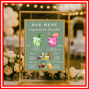 Poster Verde Salvia   Menu de Bar de Casamento Minimalist