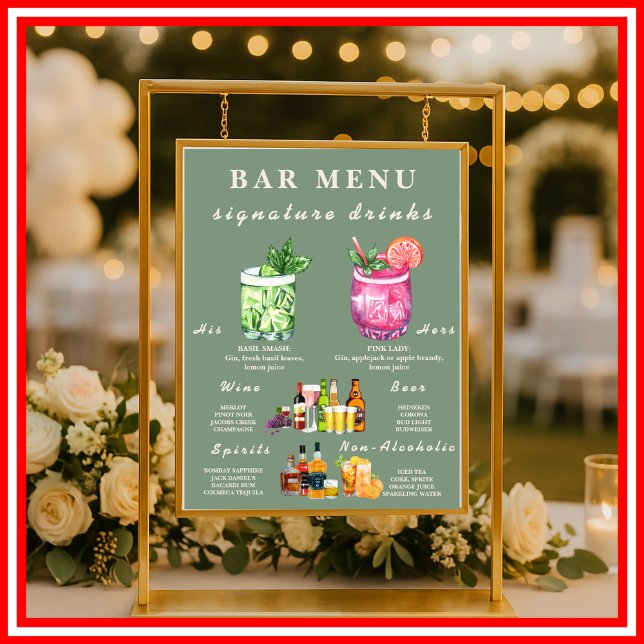 Poster Verde Salvia | Menu de Bar de Casamento Minimalist (Criador carregado)