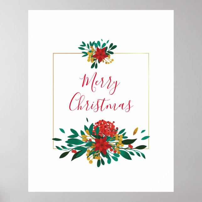 Poster Verde Vermelho Moderno e Dourado Natal Floral (Frente)