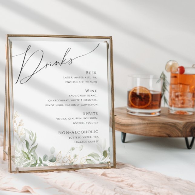 Poster Verde Whimsical e Dourado | Menu Drinks de Casamen (Criador carregado)