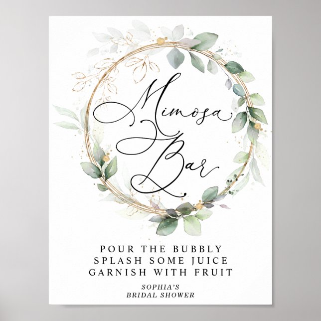 Poster Verdor e Ouro Bar de Mimosa para Chá de Noiva (Frente)