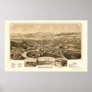 Póster Vergennes, mapa panorâmico do VT - 1890