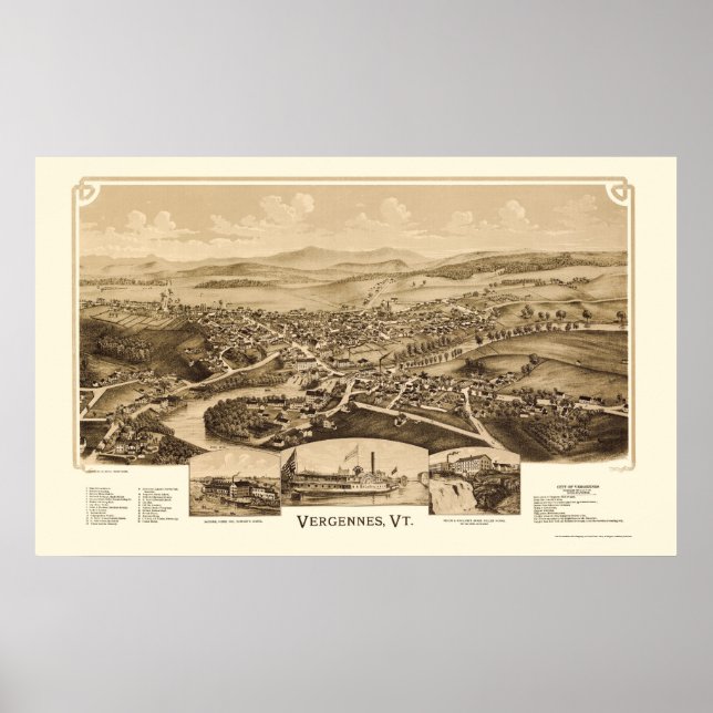 Póster Vergennes, VT Panorâmica Map - 1890 (Frente)