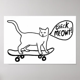 Poster Verifique o branco preto Skateboarding do gato de