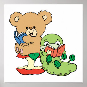 Póster Verme de livro bonito e urso de leitura