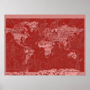 Póster vermelho 1 do mapa do mundo