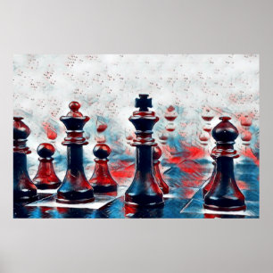Poster Vermelho, Branco, Azul Xadrez Peças King, Queen, 