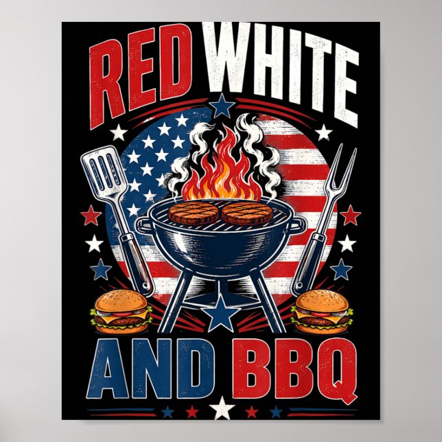 Poster Vermelho Branco E Churrasco 4 De Julho Churrasco P (Frente)