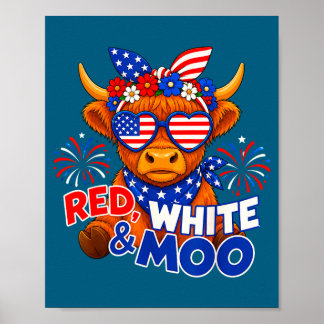 Poster Vermelho branco e moo engraçado patriótico vaca hi