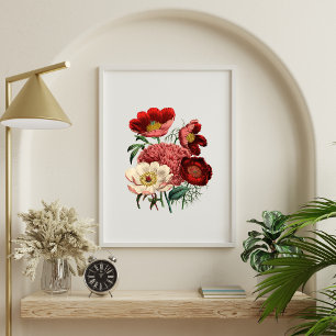 Poster Vermelho Branco Rosa Floral Florais Vintage Aquare