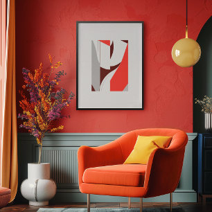 Poster Vermelho Geométrico e Abstrato Cinza