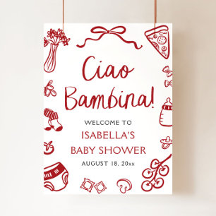 Poster Vermelho Italiano Fofo Ciao Bambina Chá de Bebê Be
