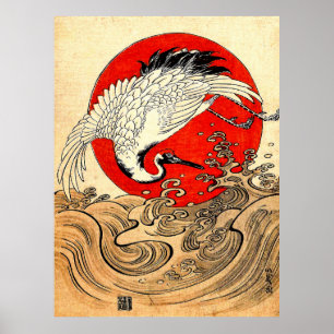 POSTER VERMELHO, JAPONÊS FLYING CRANE E ONDAS MARÍTIMAS