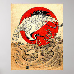 POSTER VERMELHO, JAPONÊS FLYING CRANE E ONDAS MARÍTIMAS