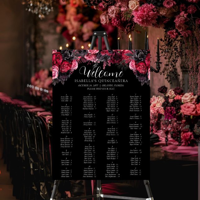 Poster Vermelho-rosa-gótico e Florais Moody-preto Quincea (Gothic quinceañera seating chart with pink, red and black watercolor flowers.)