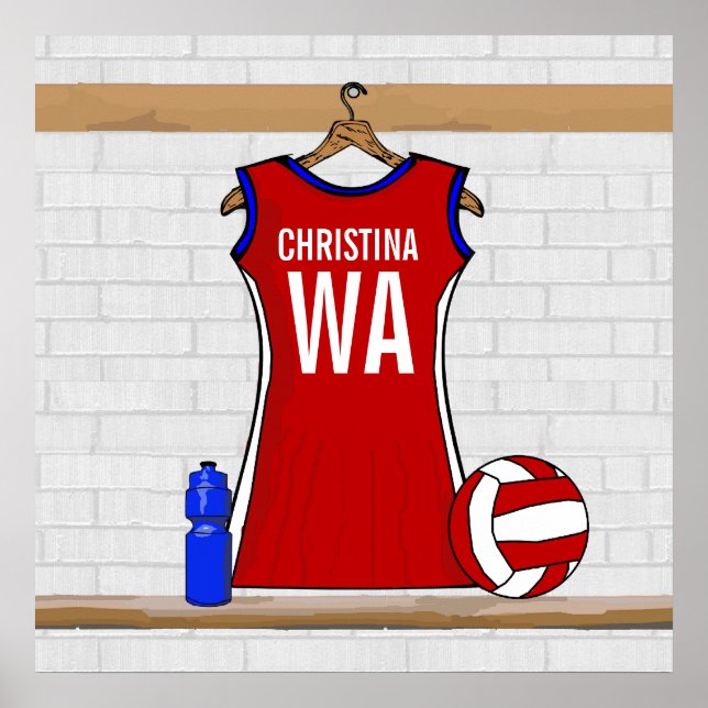 Póster Vermelho Uniforme Netball Personalizado com Azul e (Frente)